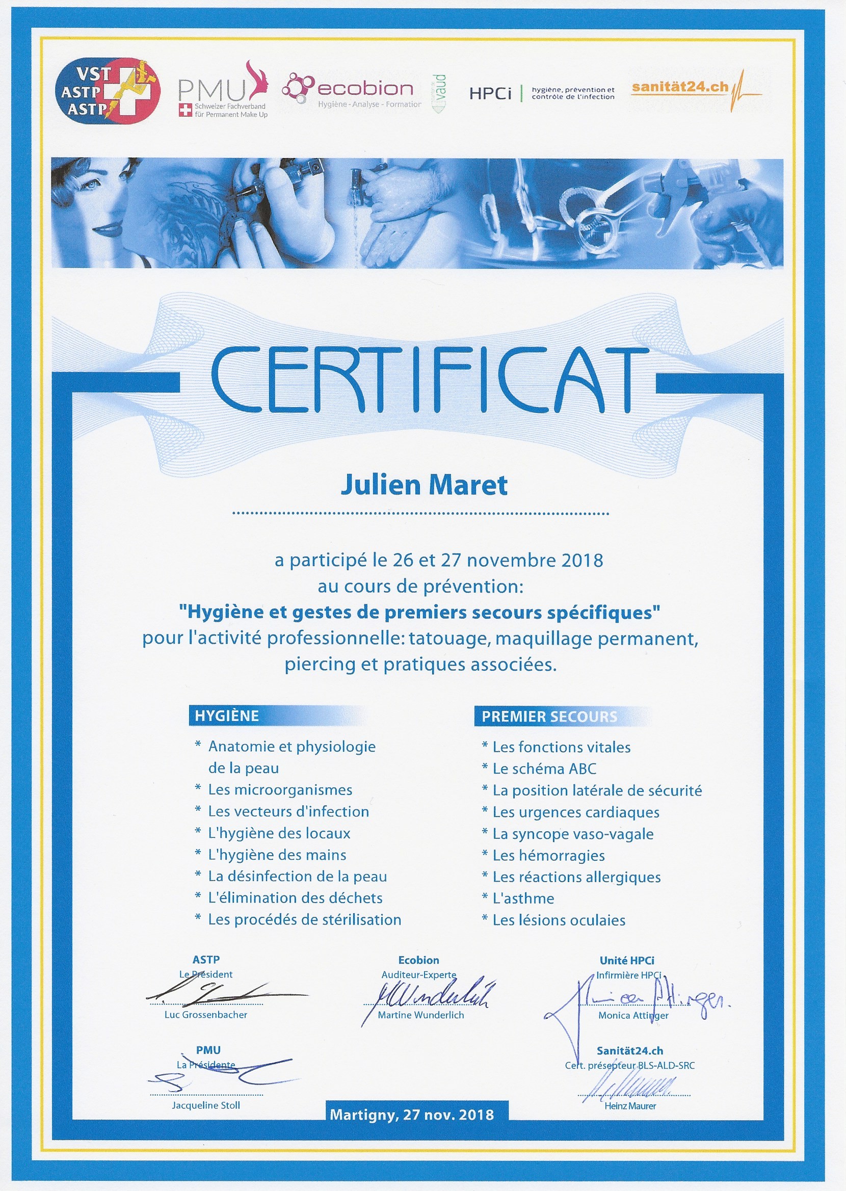 Certificat de Julien Maret pour hygiène et gestes de premiers secours spécifiques, novembre 2018