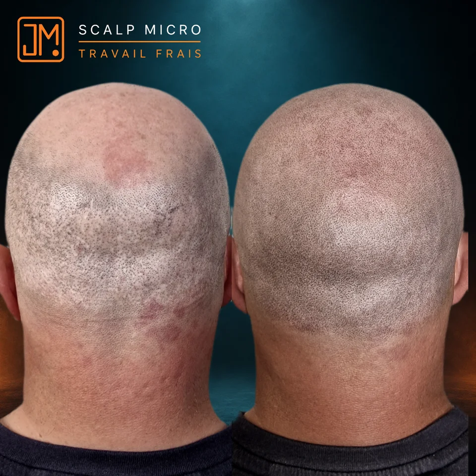 Micropigmentation capillaire : travail frais sur cicatrices de greffe.