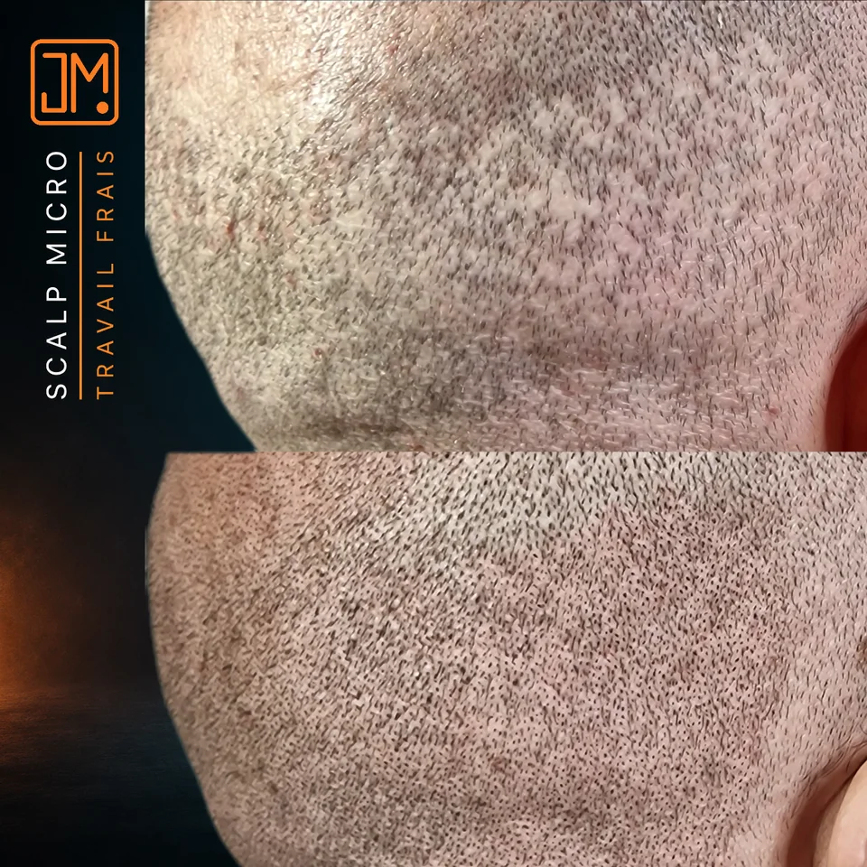 Micropigmentation capillaire : travail frais sur cicatrices de greffe.