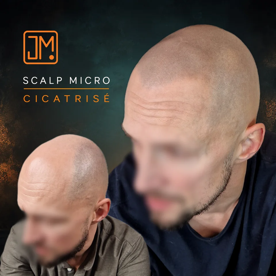 Micropigmentation capillaire : résultat cicatrisé après 3 ans avant retouche.