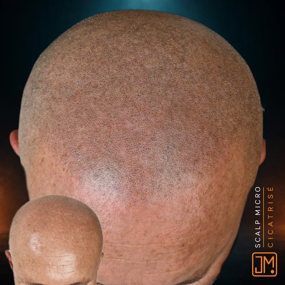 Micropigmentation capillaire : résultat cicatrisé avant retouche.
