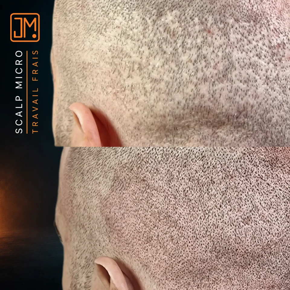 Micropigmentation capillaire : travail frais sur cicatrices de greffe.