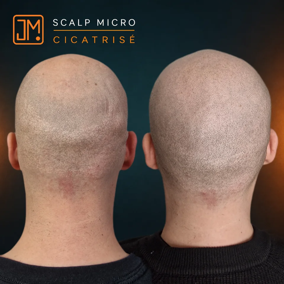 Micropigmentation capillaire : résultat cicatrisé sur cicatrices de greffe avant retouche.