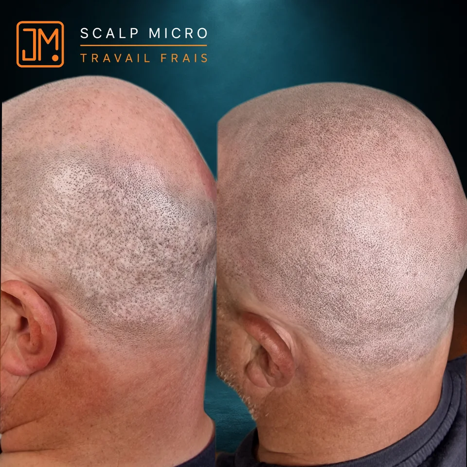 Micropigmentation capillaire : travail frais sur cicatrices de greffe.